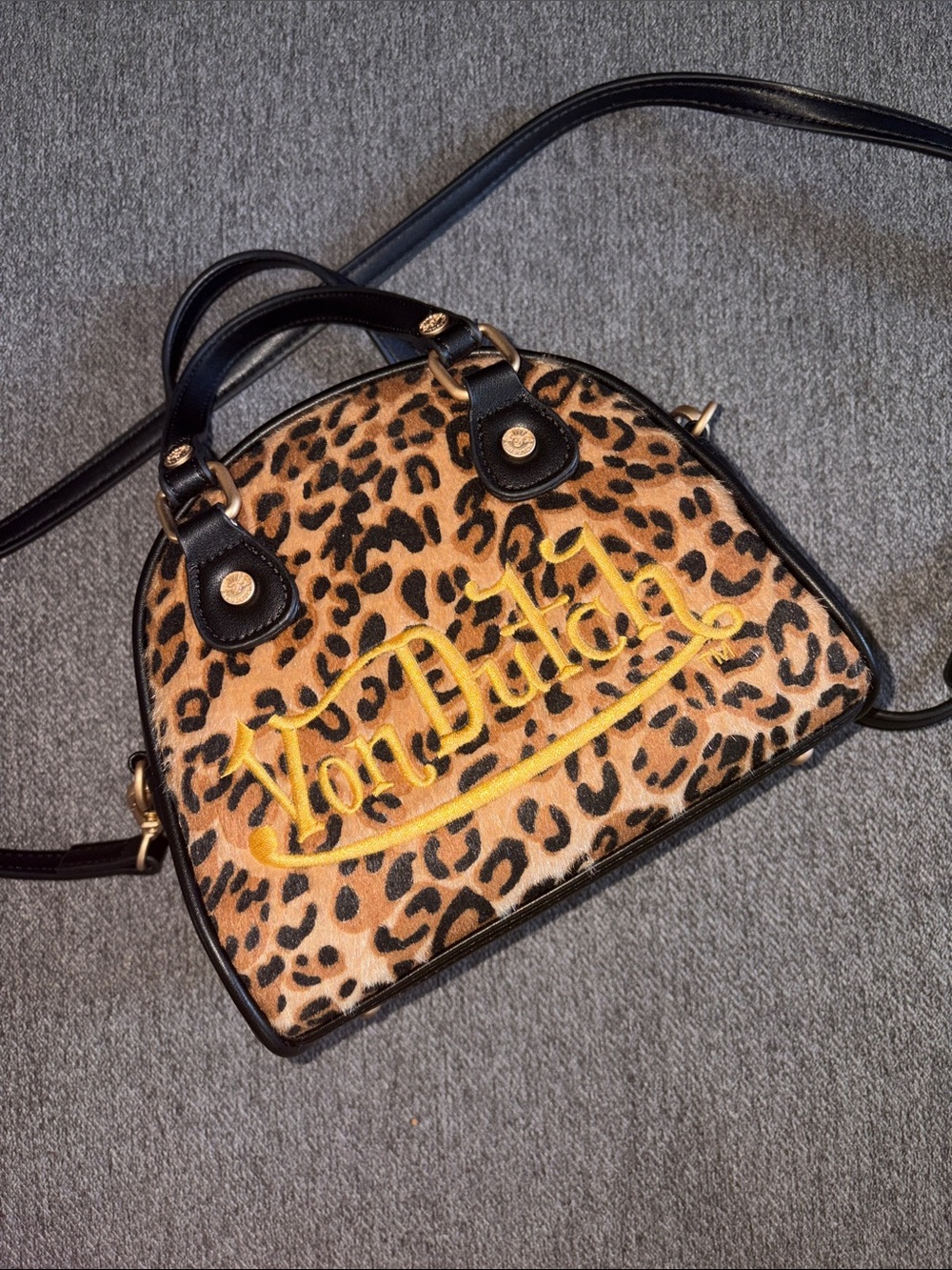 Von Dutch Leopard Print Satchel with Yellow Script and Black Trim